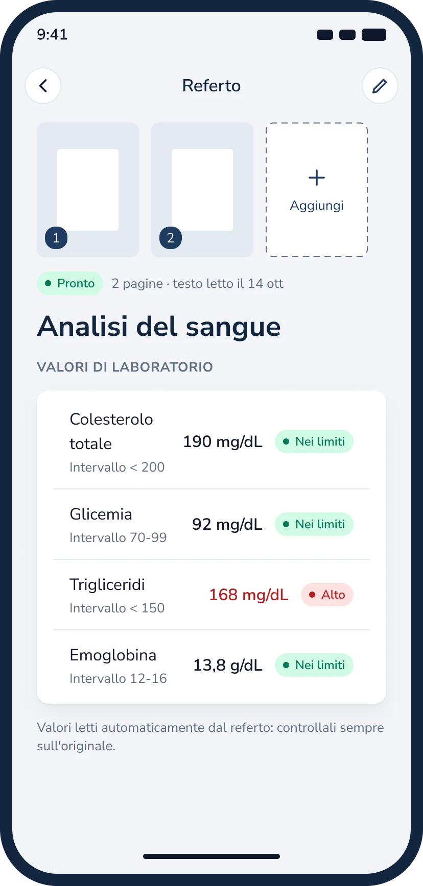 Analisi del sangue con i valori